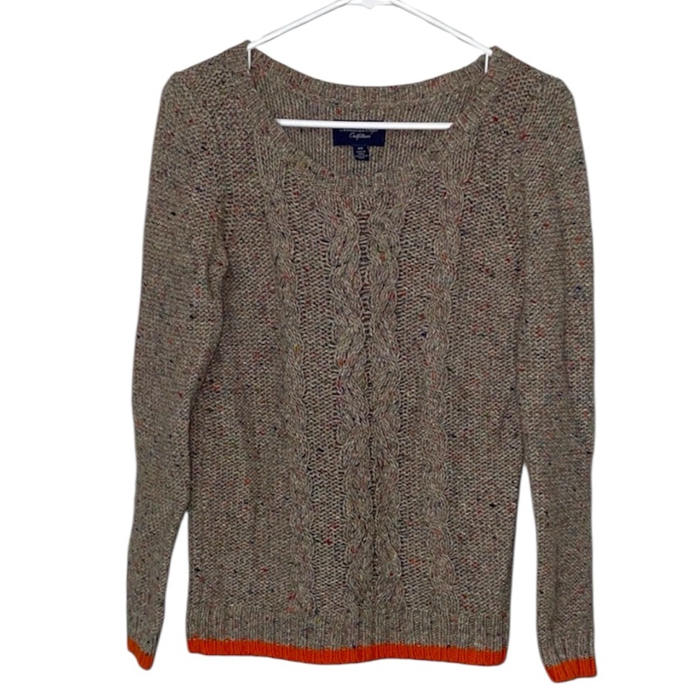 American Eagle Outfitters Tan Colorful Scoop Neck Sweater with Orange Trim